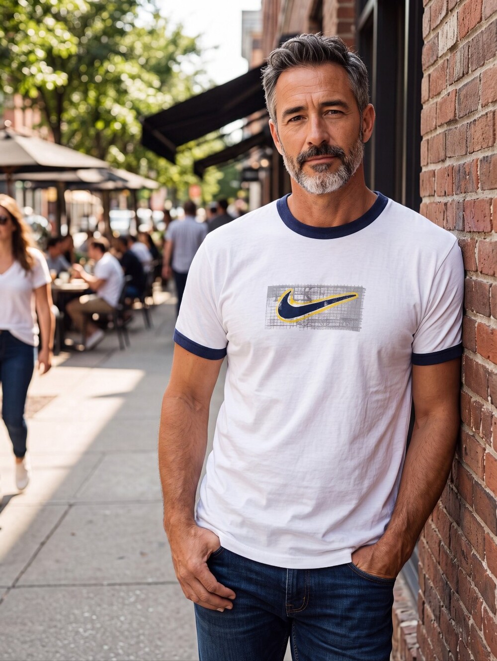 Nike White T-Shirt with Navy & Yellow Swoosh Ringer Premium